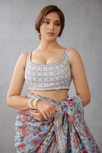 Buy Torani Blue Handwoven Chanderi Mirror Work Scoop U Neck Samsara Zubaida Blouse at Aza Fashions Buy_Torani_Blue Handwoven Chanderi Mirror Work Scoop U Neck Samsara Zubaida Blouse_at_Aza_Fashions