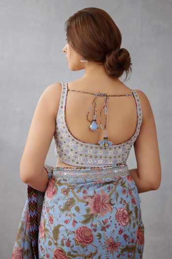 Shop Torani Blue Handwoven Chanderi Mirror Work Scoop U Neck Samsara Zubaida Blouse at Aza Fashions Shop_Torani_Blue Handwoven Chanderi Mirror Work Scoop U Neck Samsara Zubaida Blouse_at_Aza_Fashions
