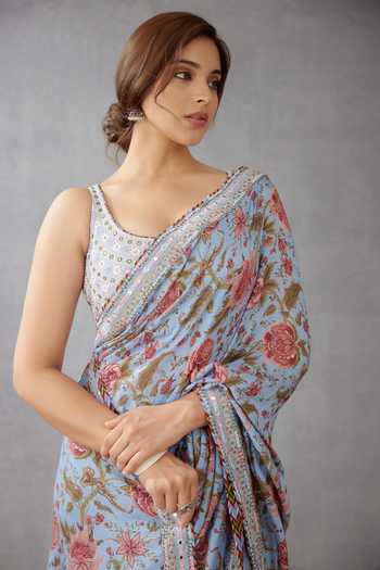 Torani Blue Handwoven Chanderi Mirror Work Scoop U Neck Samsara Zubaida Blouse Online at Aza Fashions Torani_Blue Handwoven Chanderi Mirror Work Scoop U Neck Samsara Zubaida Blouse_Online_at_Aza_Fashions