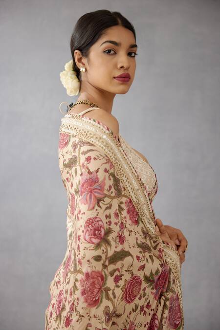 Buy_Torani_Beige Silk Organza, Handwoven Chanderi Adda Work, Chintz Kasturi Revathi Saree _Online_at_Aza_Fashions