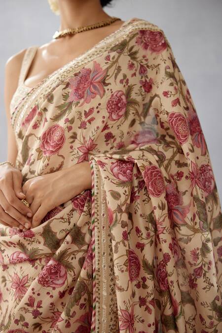 Shop_Torani_Beige Silk Organza, Handwoven Chanderi Adda Work, Chintz Kasturi Revathi Saree _Online_at_Aza_Fashions