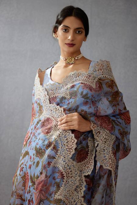 Shop_Torani_Blue Silk Organza Dori, Chintz Samsara Meher Print Saree _Online_at_Aza_Fashions