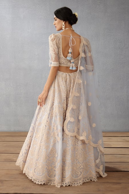Shop_Torani_Blue Cotton Silk Blouse Butterfly Net, Lehenga Samsara Hansini Bridal Set _at_Aza_Fashions
