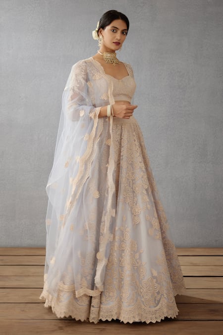 Torani_Blue Cotton Silk Blouse Butterfly Net, Lehenga Samsara Hansini Bridal Set _Online_at_Aza_Fashions