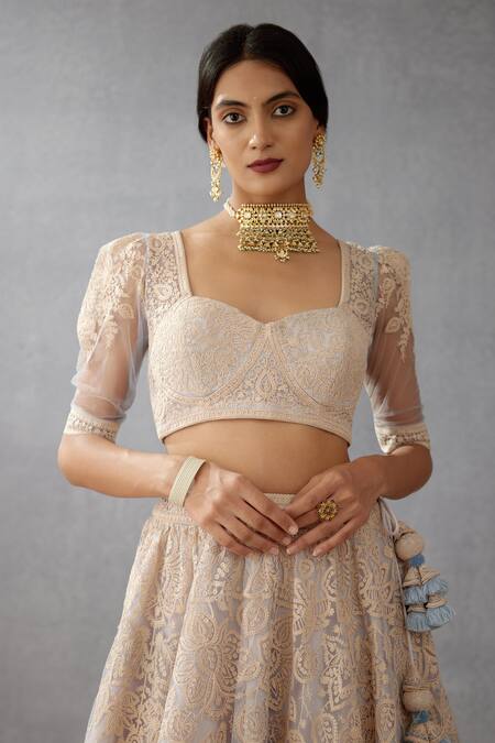 Shop_Torani_Blue Cotton Silk Blouse Butterfly Net, Lehenga Samsara Hansini Bridal Set _Online_at_Aza_Fashions