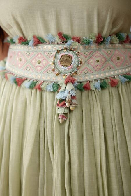 Torani Green Embroidered Kamarbandh With Tassels Online at Aza Fashions Torani_Green Embroidered Kamarbandh With Tassels _Online_at_Aza_Fashions