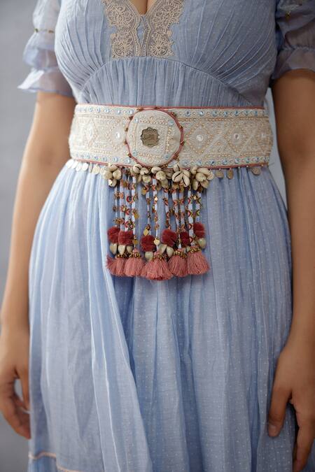 Torani_Blue Embroidered Sea Kamarbandh _Online_at_Aza_Fashions