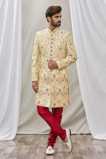 Aryavir Malhotra Gold Art Banarasi Silk Embroidered Floral Sherwani Set 