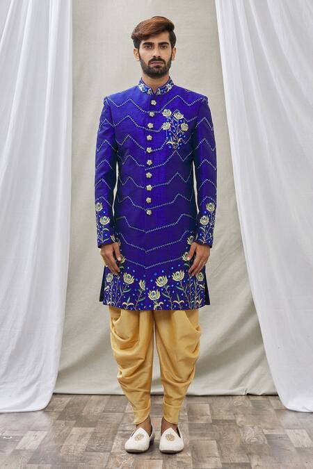 Nayantara Couture_Blue Silk Embroidery Sherwani Set _Online_at_Aza_Fashions