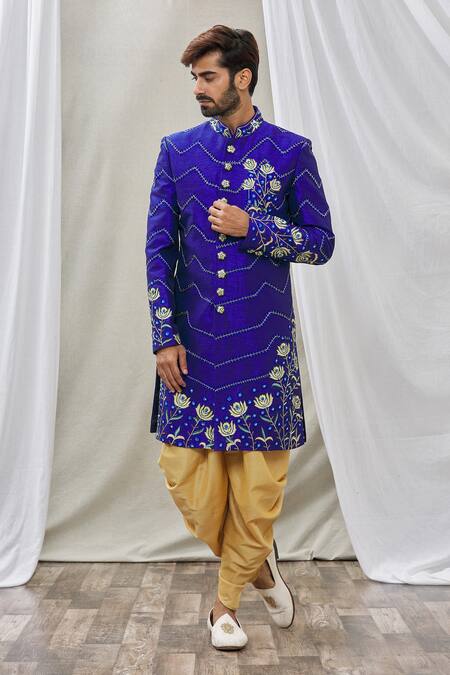 Buy_Nayantara Couture_Blue Silk Embroidery Sherwani Set _Online_at_Aza_Fashions