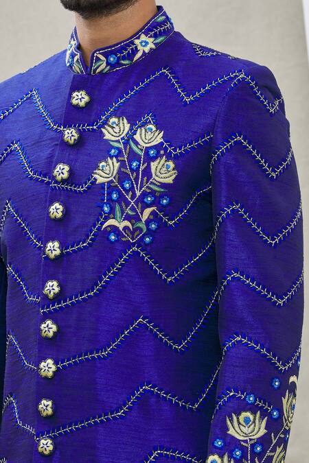 Shop_Nayantara Couture_Blue Silk Embroidery Sherwani Set _Online_at_Aza_Fashions