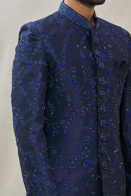 Shop_Aryavir Malhotra_Blue Art Banarasi Silk Embroidered Floral Sherwani Set _Online_at_Aza_Fashions