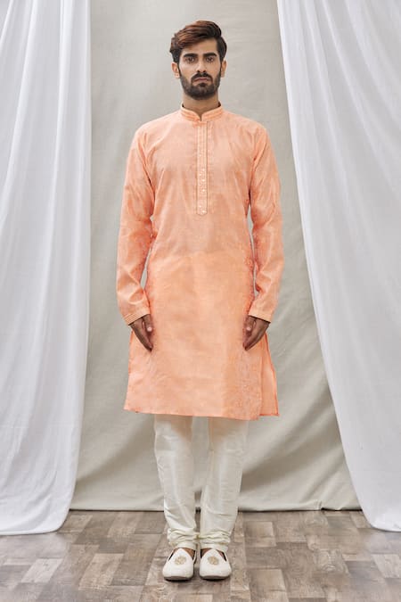 Arihant Rai Sinha_Peach Jacquard, Silk, Brocade Embroidery Floral Motif Woven Kurta _Online_at_Aza_Fashions