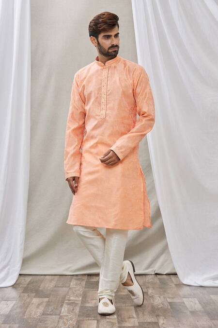 Buy_Arihant Rai Sinha_Peach Jacquard, Silk, Brocade Embroidery Floral Motif Woven Kurta _Online_at_Aza_Fashions