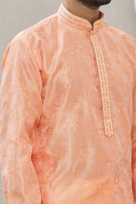 Shop_Arihant Rai Sinha_Peach Jacquard, Silk, Brocade Embroidery Floral Motif Woven Kurta _Online_at_Aza_Fashions