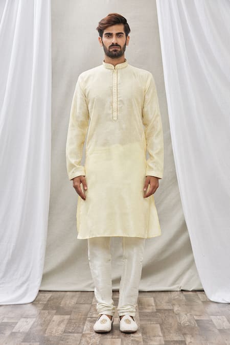 Arihant Rai Sinha_Beige Jacquard, Silk, Brocade Embroidery Floral Straight Kurta _Online_at_Aza_Fashions