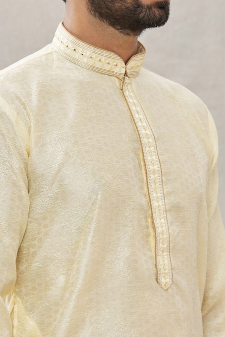 Shop_Arihant Rai Sinha_Beige Jacquard, Silk, Brocade Embroidery Floral Straight Kurta _Online_at_Aza_Fashions