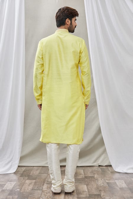Shop_Arihant Rai Sinha_Yellow Jacquard, Silk, Brocade Embroidery Kurta _at_Aza_Fashions