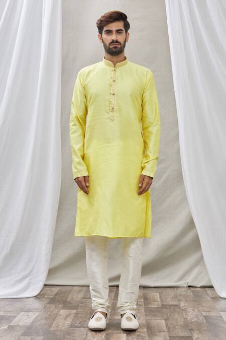 Arihant Rai Sinha_Yellow Jacquard, Silk, Brocade Embroidery Kurta _Online_at_Aza_Fashions