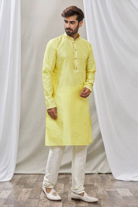 Buy_Arihant Rai Sinha_Yellow Jacquard, Silk, Brocade Embroidery Kurta _Online_at_Aza_Fashions