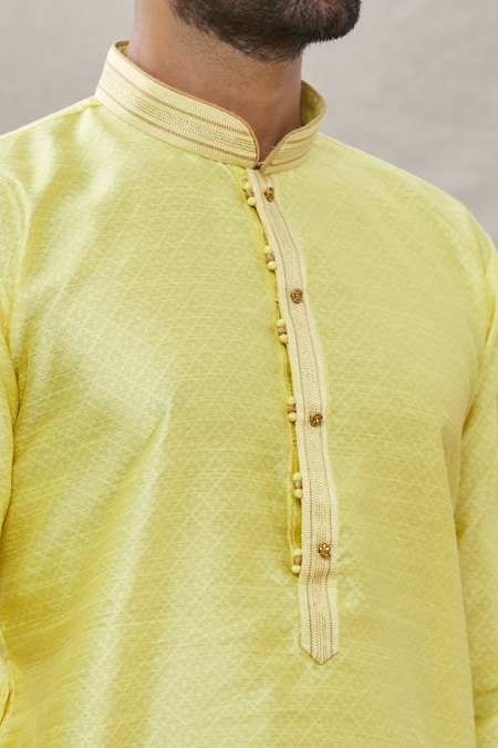 Shop_Arihant Rai Sinha_Yellow Jacquard, Silk, Brocade Embroidery Kurta _Online_at_Aza_Fashions