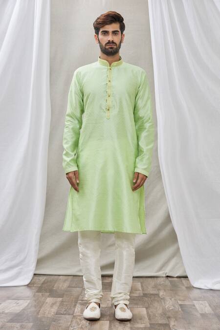 Arihant Rai Sinha_Green Jacquard, Silk, Brocade Embroidery Geometric Motifs Print Straight Kurta _Online_at_Aza_Fashions