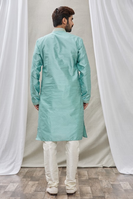 Shop_Arihant Rai Sinha_Blue Jacquard, Silk, Brocade Embroidery Geometric Pattern Print Straight Kurta _at_Aza_Fashions