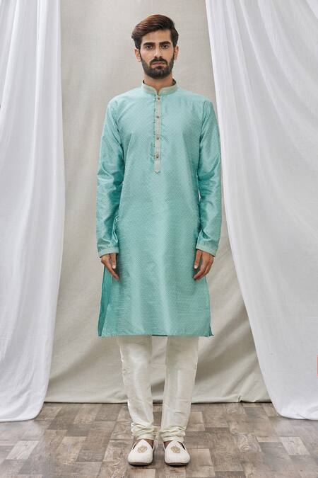 Arihant Rai Sinha_Blue Jacquard, Silk, Brocade Embroidery Geometric Pattern Print Straight Kurta _Online_at_Aza_Fashions