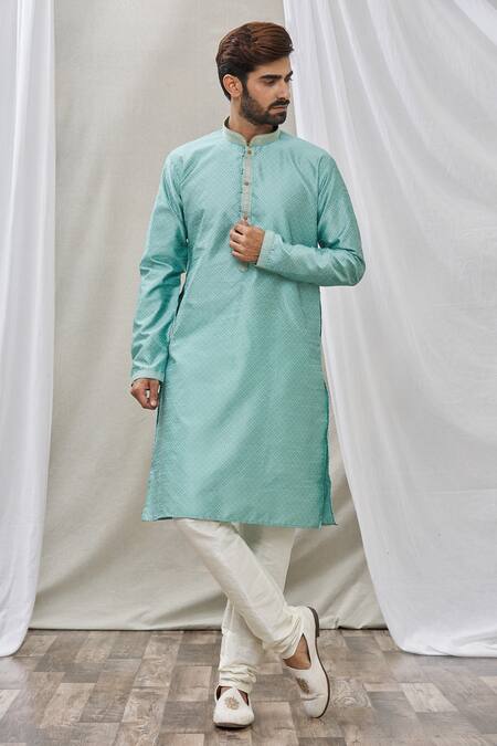 Buy_Arihant Rai Sinha_Blue Jacquard, Silk, Brocade Embroidery Geometric Pattern Print Straight Kurta _Online_at_Aza_Fashions