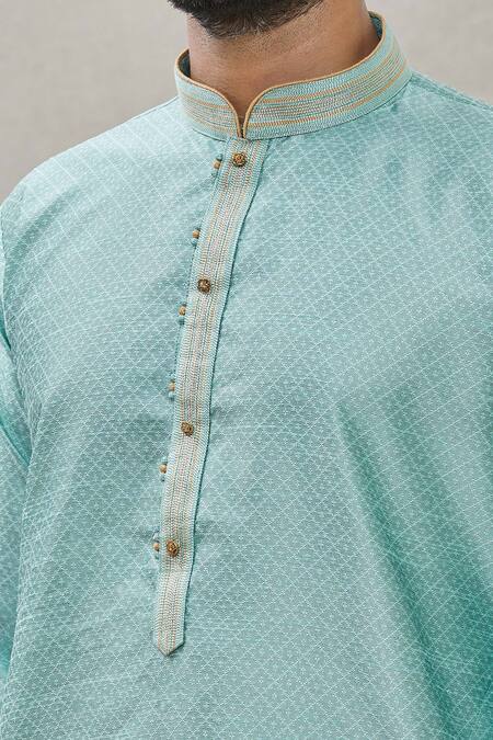 Shop_Arihant Rai Sinha_Blue Jacquard, Silk, Brocade Embroidery Geometric Pattern Print Straight Kurta _Online_at_Aza_Fashions