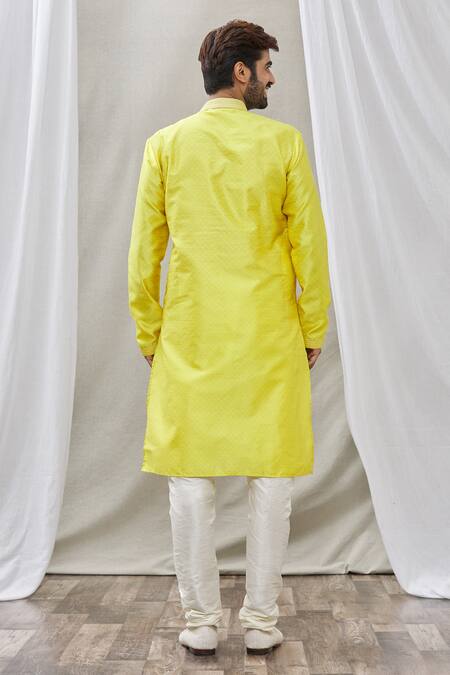 Shop_Arihant Rai Sinha_Yellow Jacquard, Silk, Brocade Geometric Motifs Print Kurta_at_Aza_Fashions