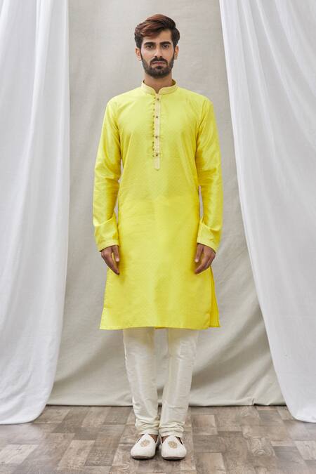 Arihant Rai Sinha_Yellow Jacquard, Silk, Brocade Geometric Motifs Print Kurta_Online_at_Aza_Fashions