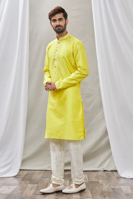 Buy_Arihant Rai Sinha_Yellow Jacquard, Silk, Brocade Geometric Motifs Print Kurta_Online_at_Aza_Fashions