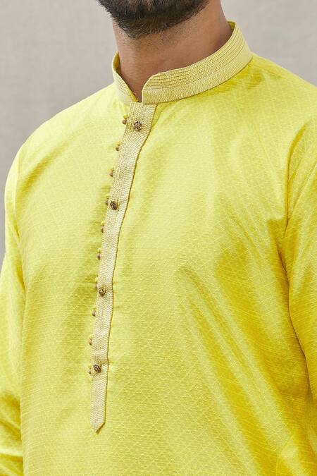 Shop_Arihant Rai Sinha_Yellow Jacquard, Silk, Brocade Geometric Motifs Print Kurta_Online_at_Aza_Fashions