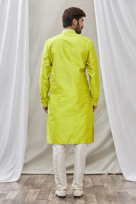 Shop_Arihant Rai Sinha_Green Jacquard, Silk, Brocade Embroidery Geometric Pattern Print Kurta _at_Aza_Fashions
