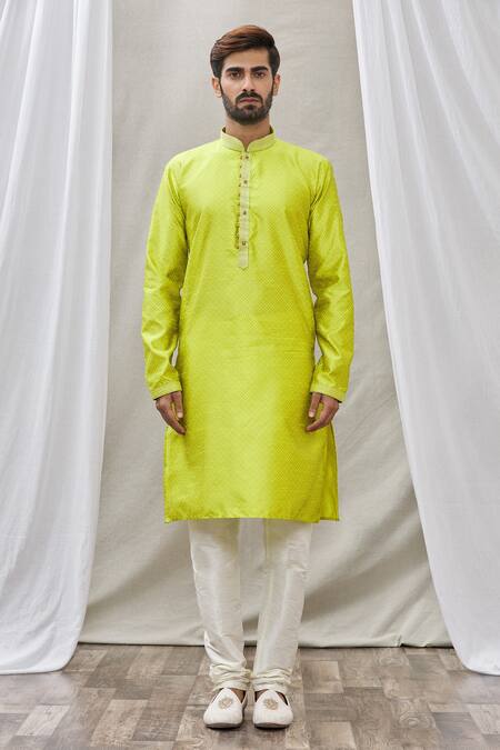 Arihant Rai Sinha_Green Jacquard, Silk, Brocade Embroidery Geometric Pattern Print Kurta _Online_at_Aza_Fashions