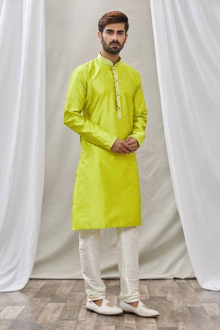 Buy_Arihant Rai Sinha_Green Jacquard, Silk, Brocade Embroidery Geometric Pattern Print Kurta _Online_at_Aza_Fashions