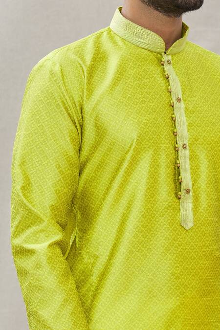 Shop_Arihant Rai Sinha_Green Jacquard, Silk, Brocade Embroidery Geometric Pattern Print Kurta _Online_at_Aza_Fashions