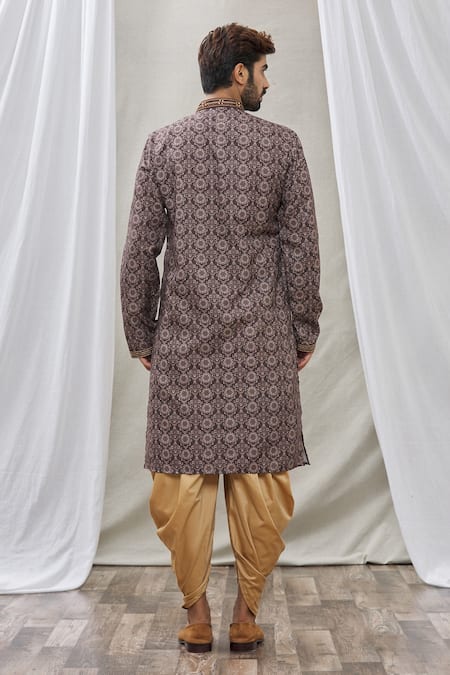 Shop_Arihant Rai Sinha_Grey Handloom Cotton Embroidery Thread Placket Kurta _at_Aza_Fashions