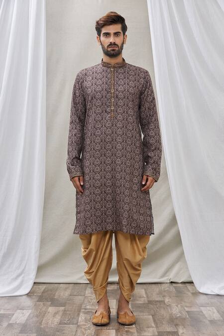 Arihant Rai Sinha_Grey Handloom Cotton Embroidery Thread Placket Kurta _Online_at_Aza_Fashions