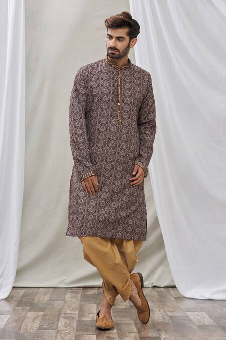 Buy_Arihant Rai Sinha_Grey Handloom Cotton Embroidery Thread Placket Kurta _Online_at_Aza_Fashions