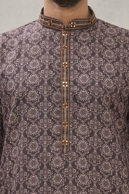 Shop_Arihant Rai Sinha_Grey Handloom Cotton Embroidery Thread Placket Kurta _Online_at_Aza_Fashions