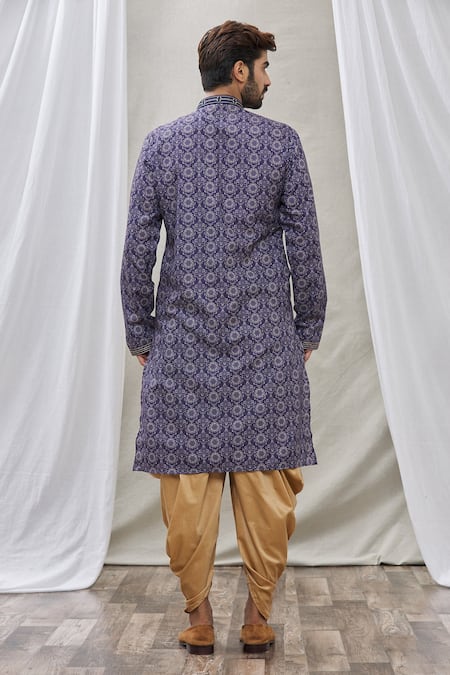 Shop_Arihant Rai Sinha_Blue Handloom Cotton Embroidery Floral Pattern Print Kurta _at_Aza_Fashions