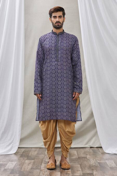 Arihant Rai Sinha_Blue Handloom Cotton Embroidery Floral Pattern Print Kurta _Online_at_Aza_Fashions