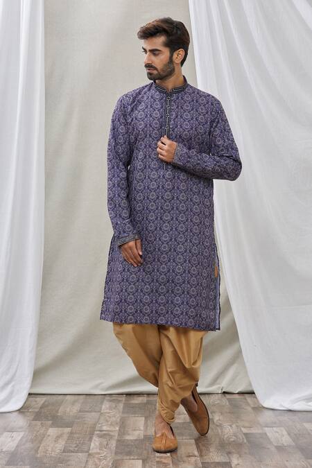 Buy_Arihant Rai Sinha_Blue Handloom Cotton Embroidery Floral Pattern Print Kurta _Online_at_Aza_Fashions