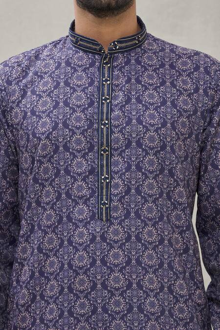 Shop_Arihant Rai Sinha_Blue Handloom Cotton Embroidery Floral Pattern Print Kurta _Online_at_Aza_Fashions