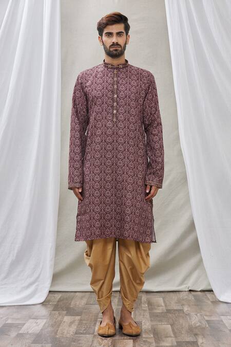 Arihant Rai Sinha_Maroon Handloom Cotton Embroidery, Mirrors Placket Kurta _Online_at_Aza_Fashions