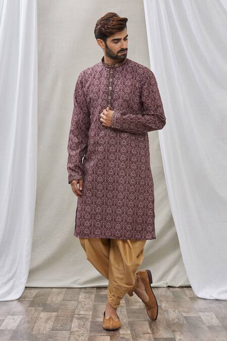 Buy_Arihant Rai Sinha_Maroon Handloom Cotton Embroidery, Mirrors Placket Kurta _Online_at_Aza_Fashions