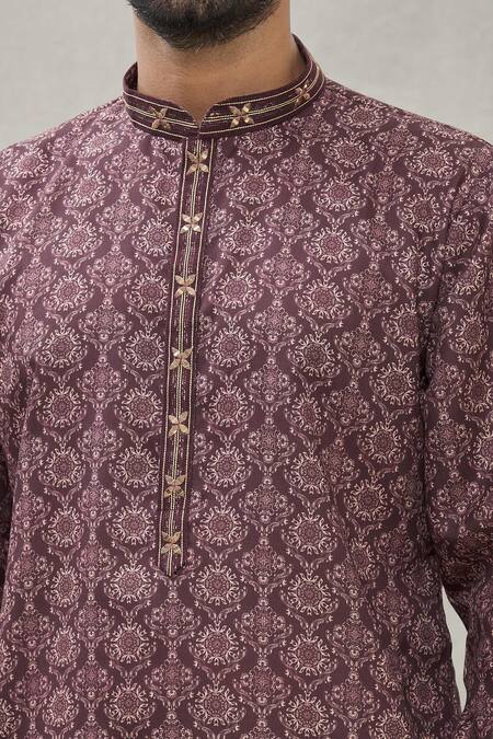 Shop_Arihant Rai Sinha_Maroon Handloom Cotton Embroidery, Mirrors Placket Kurta _Online_at_Aza_Fashions