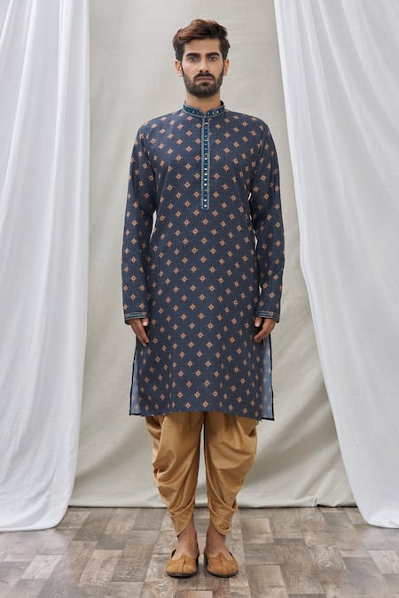 Arihant Rai Sinha_Blue Handloom Cotton Embroidery Floral Motifs Print Kurta _Online_at_Aza_Fashions